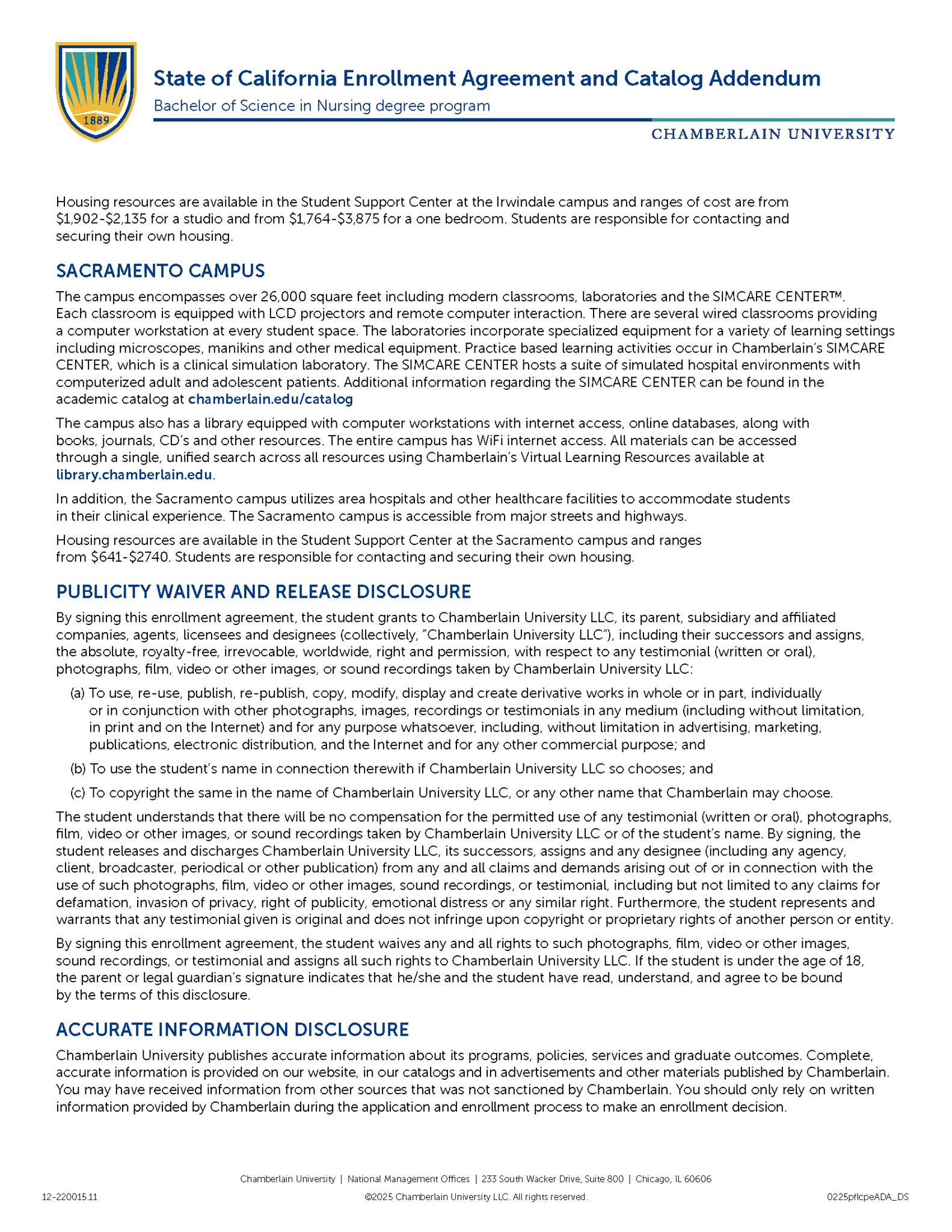 Picture of California Enrollment Agreement and Catalog Addendum - Bachelor of Science in Nursing Degree Program